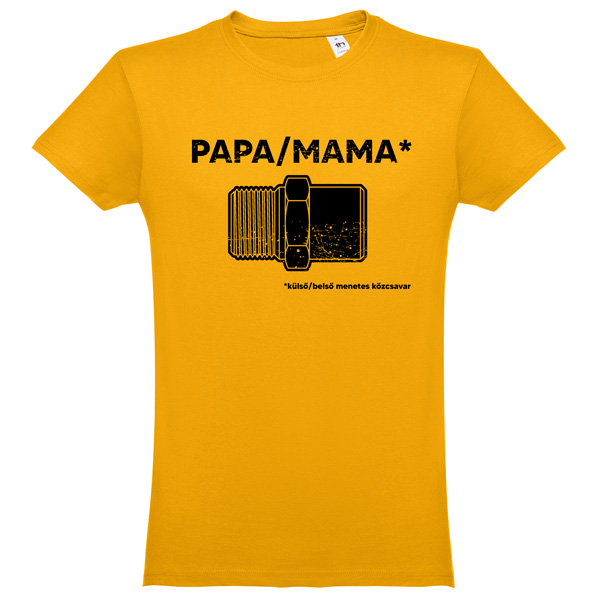 Mustár színű póló papa-mama felirattal és mintával