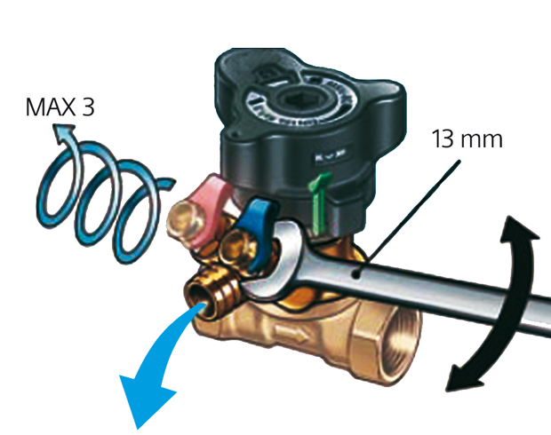 4. ábra A gömbcsap elzárása után, ha csatlakoztattuk a gumitömlőt a szelephez, a kiválasztott oldalhoz tartozó mérőcsonk meglazításával (villáskulcs segítségével) tudjuk kezdeni az ürítést.